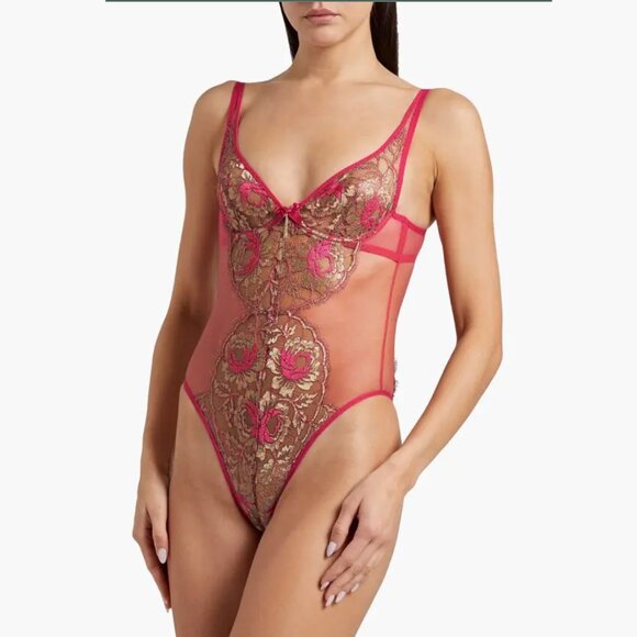 NWT!! Agent Provocateur Lysianne Mesh Lace Bodysuit, US8 (M), Fuchsia & Gold - Picture 11 of 12